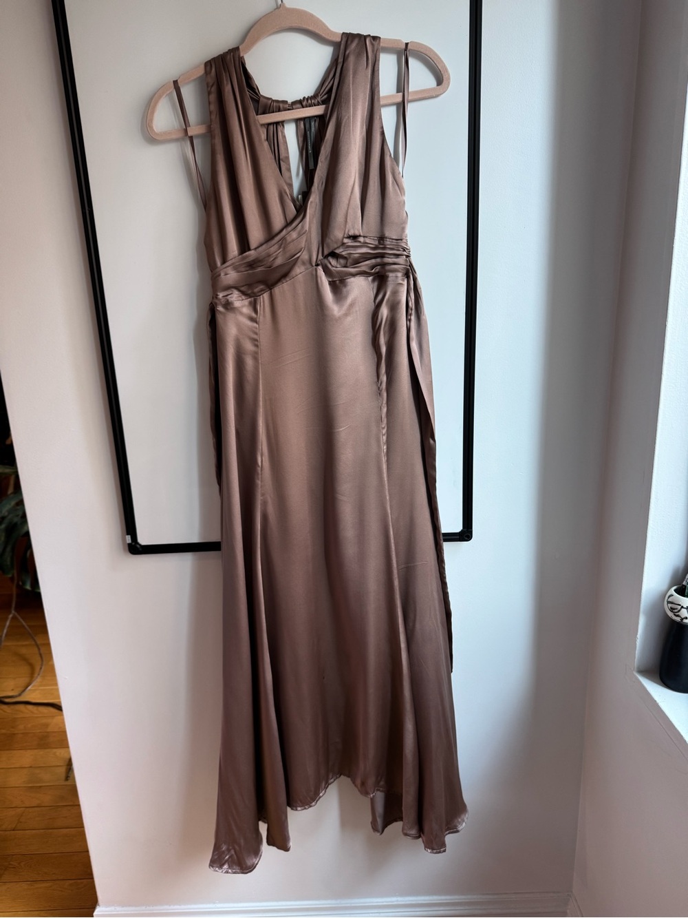 Anthropologie Taupe Satin V-Neck Maxi Dress
